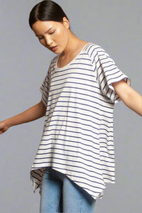 Round Neck Asymmetric Tee Navy Stripe