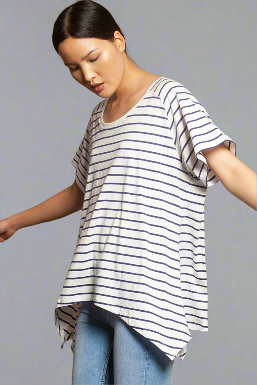 Round Neck Asymmetric Tee Navy Stripe